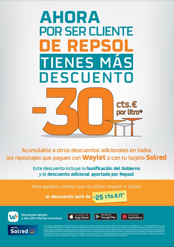 descuento repsol waylet 30 cent €/litro